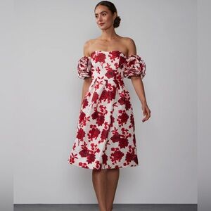NY&Company Off Shoulder Rosette Sleeve Dress  Elegant Red Floral plus xxl new